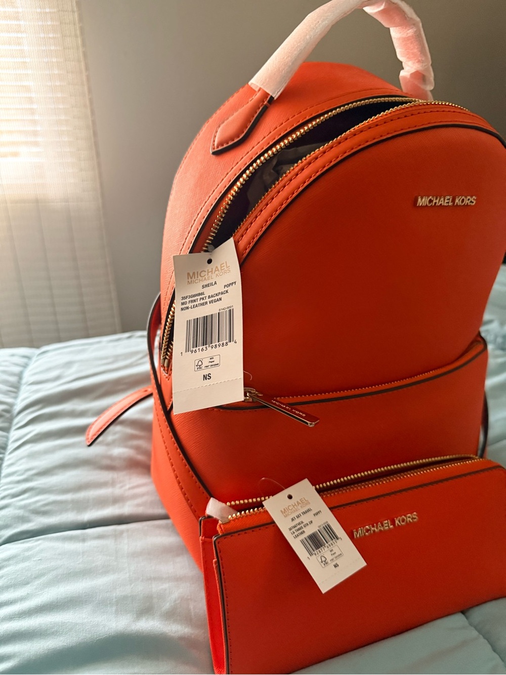Michael Kors Poppy Orange Saffiano Backpack with Large Matching Zip Wallet